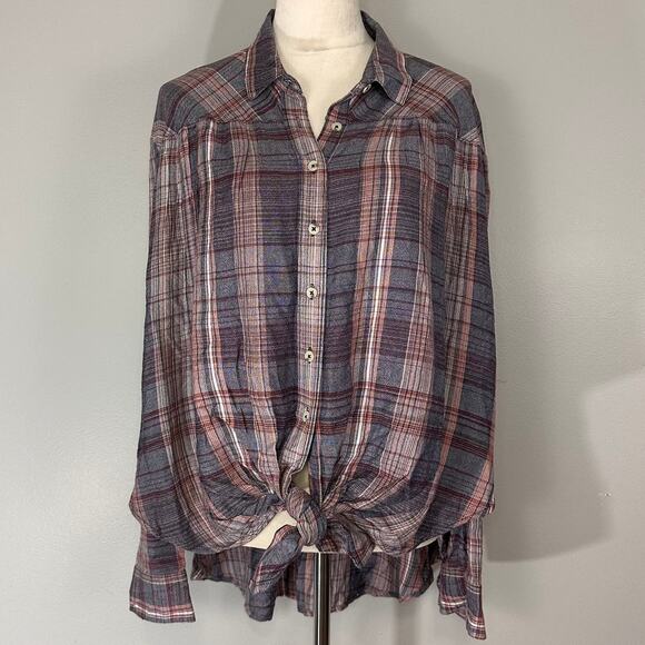 BDG Urban Outfitters Melanie Oversized Plaid Button Down Tie Front Top Sz M - Picture 1 of 11